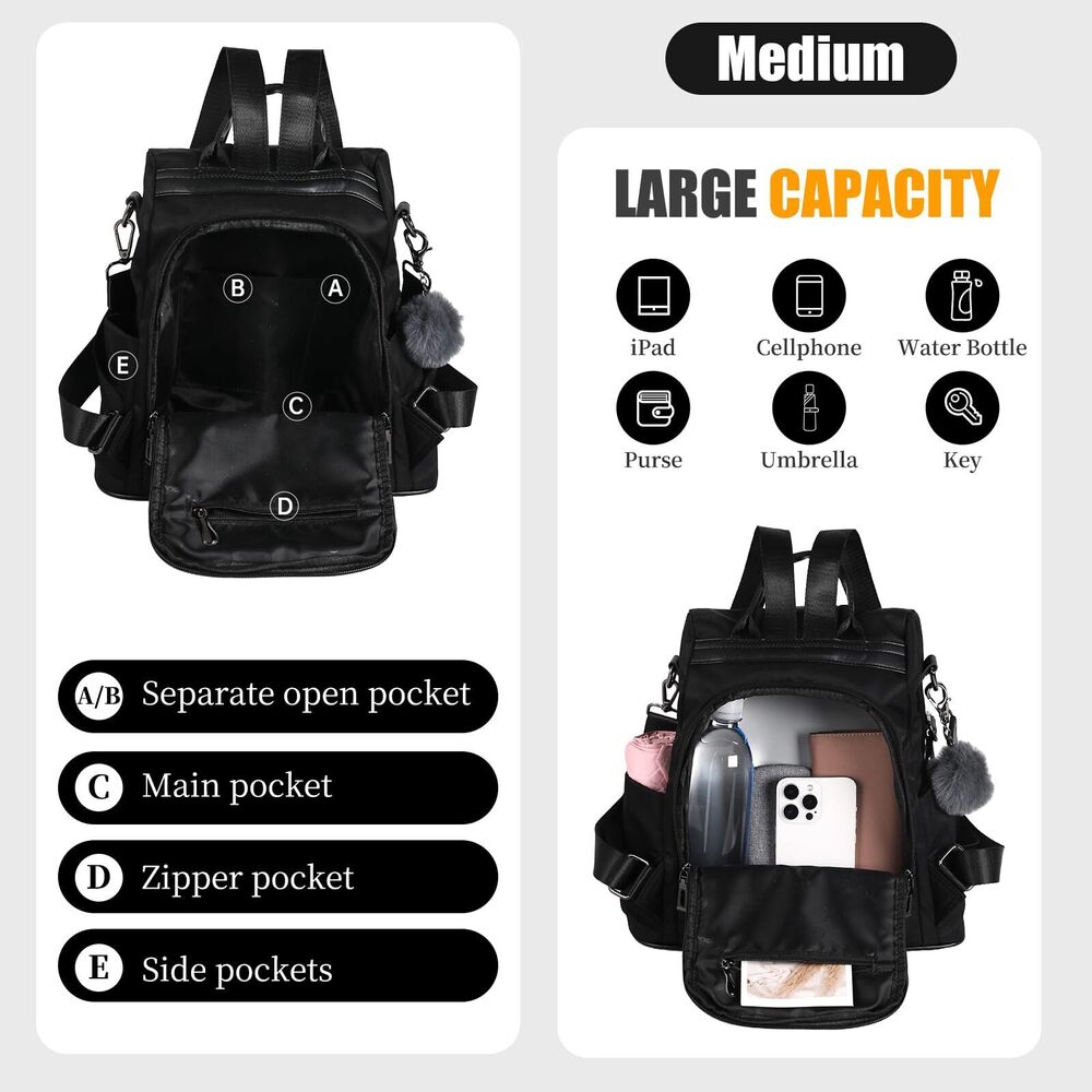 7648 Backpack Purse Waterproof Nylon Anti-theft Rucksack Lightweight - Picture 3 of 7